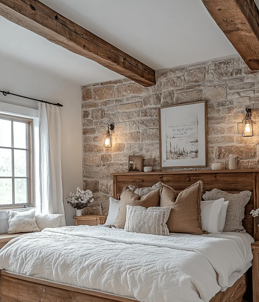 Phòng ngủ phong cách rustic sử dụng đá và gỗ tự nhiên