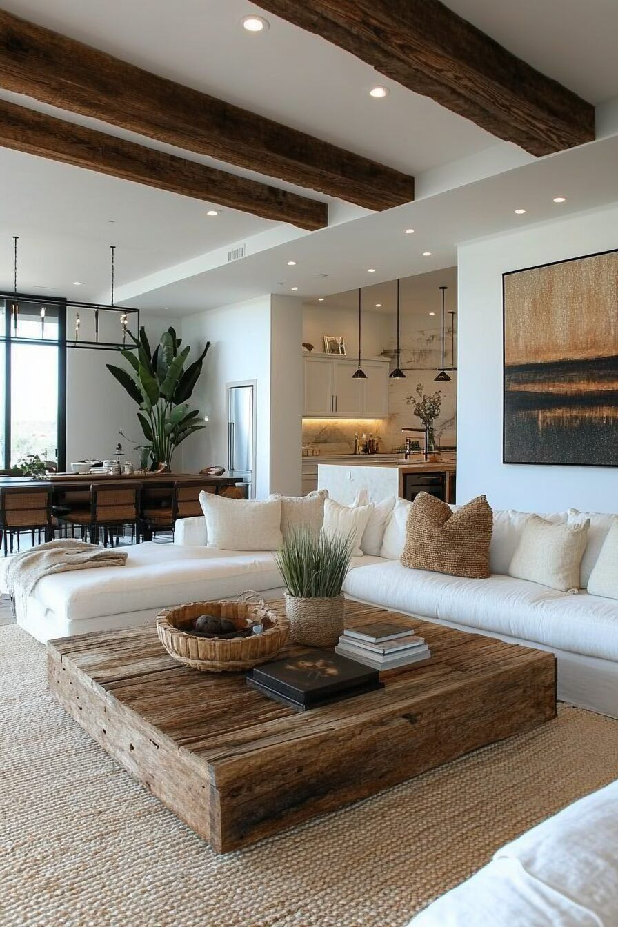 Phòng khách phong cách Rustic đơn giản, tự nhiên nhờ sử dụng các chất liệu thô sơ từ thiên nhiên 