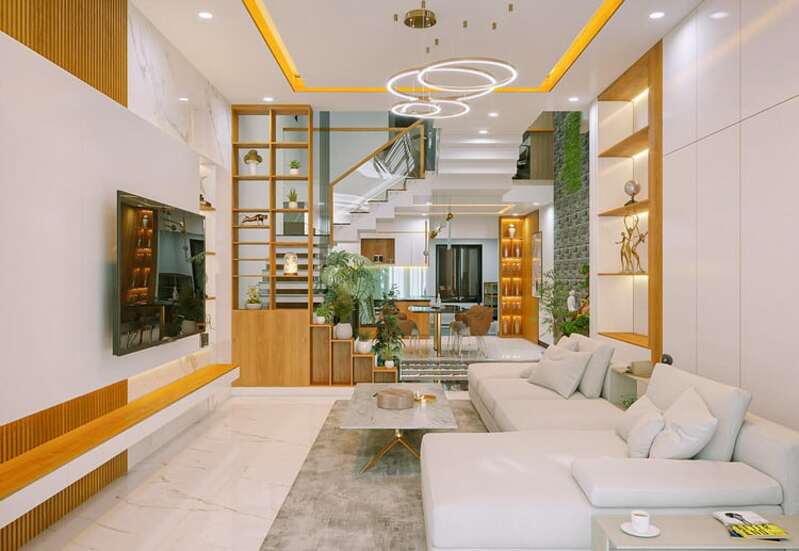 mẫu phòng khách nhà ống 5m có cầu thang