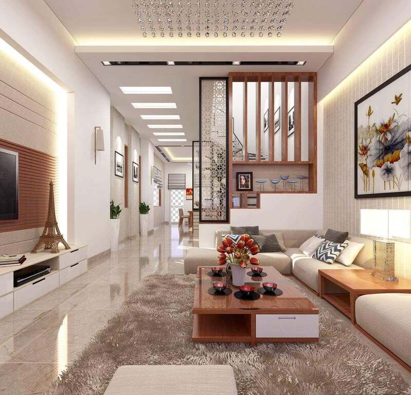 phòng khách nhà ống 5m có cầu thang