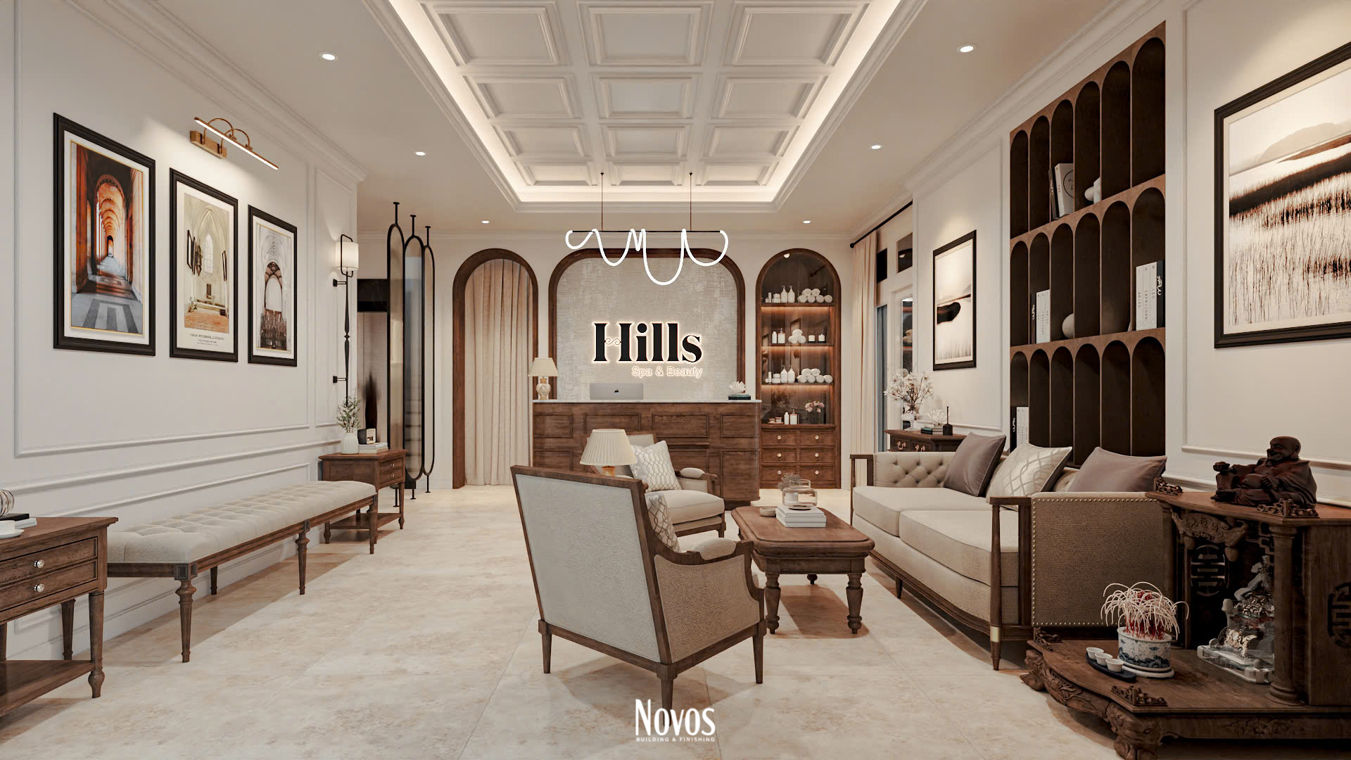 Sảnh chính Hill Spa Nghĩa Đô với ánh sáng vàng ấm áp.