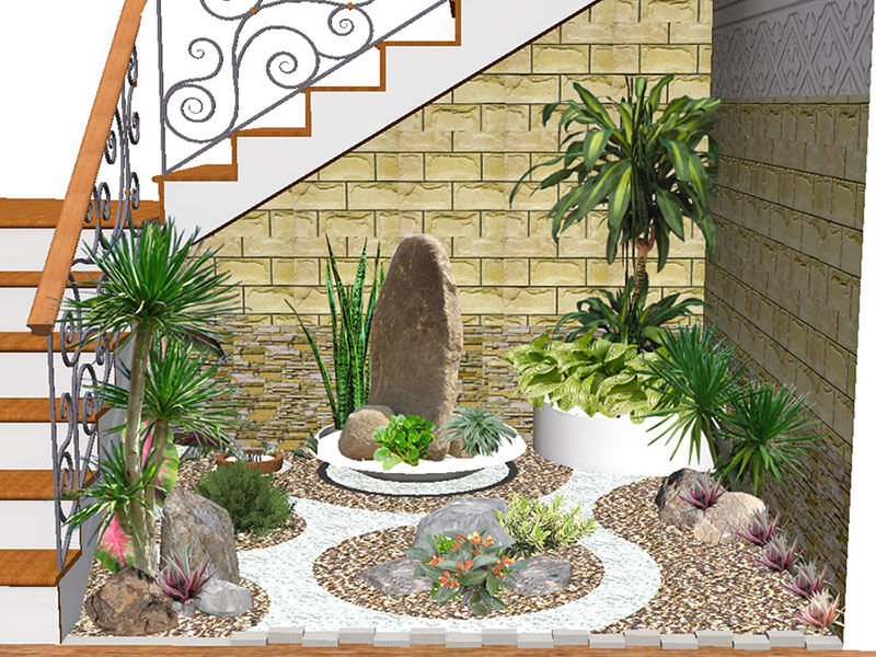 tiểu cảnh khô dưới cầu thang