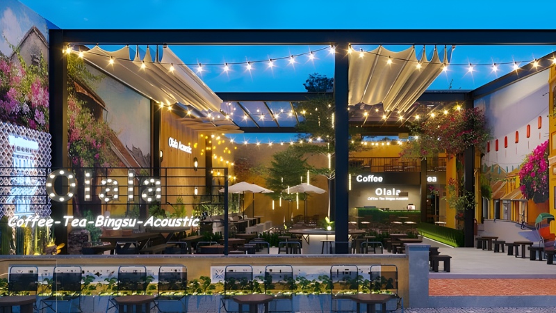 trang trí quán trà sữa ngoài trời